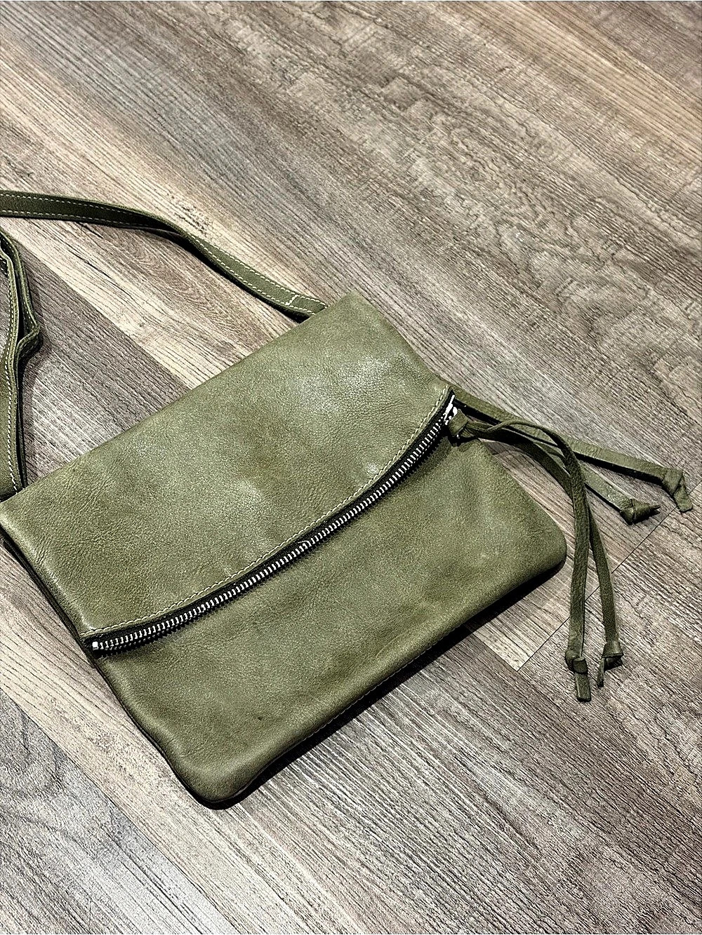 Roots Olive Green Leather Crossbody Bag
